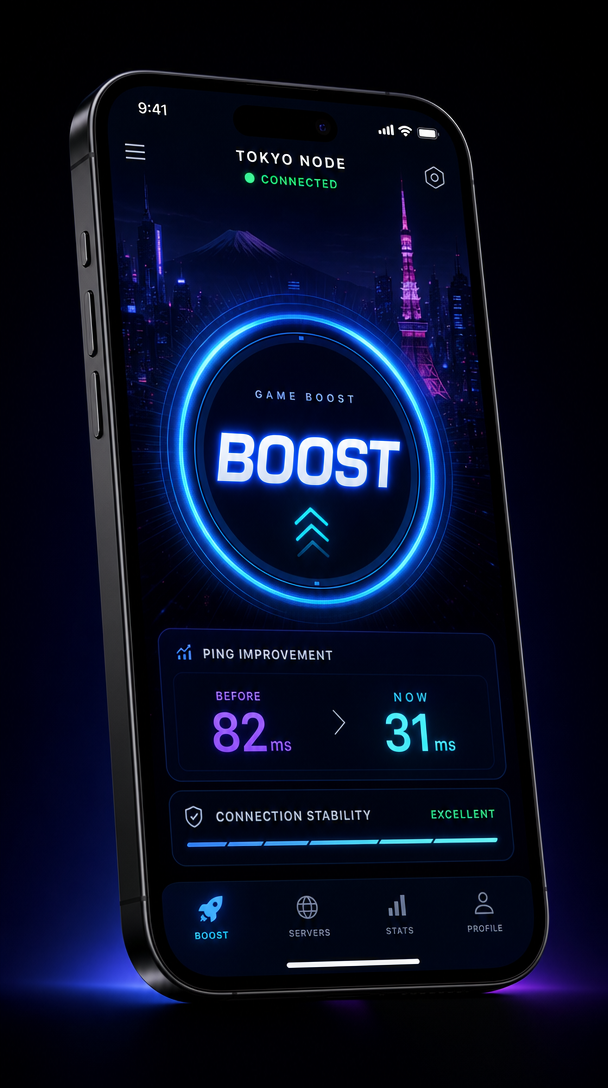 GG Boost アプリ画面 - 東京ノード接続中、ping 82ms→31msに改善